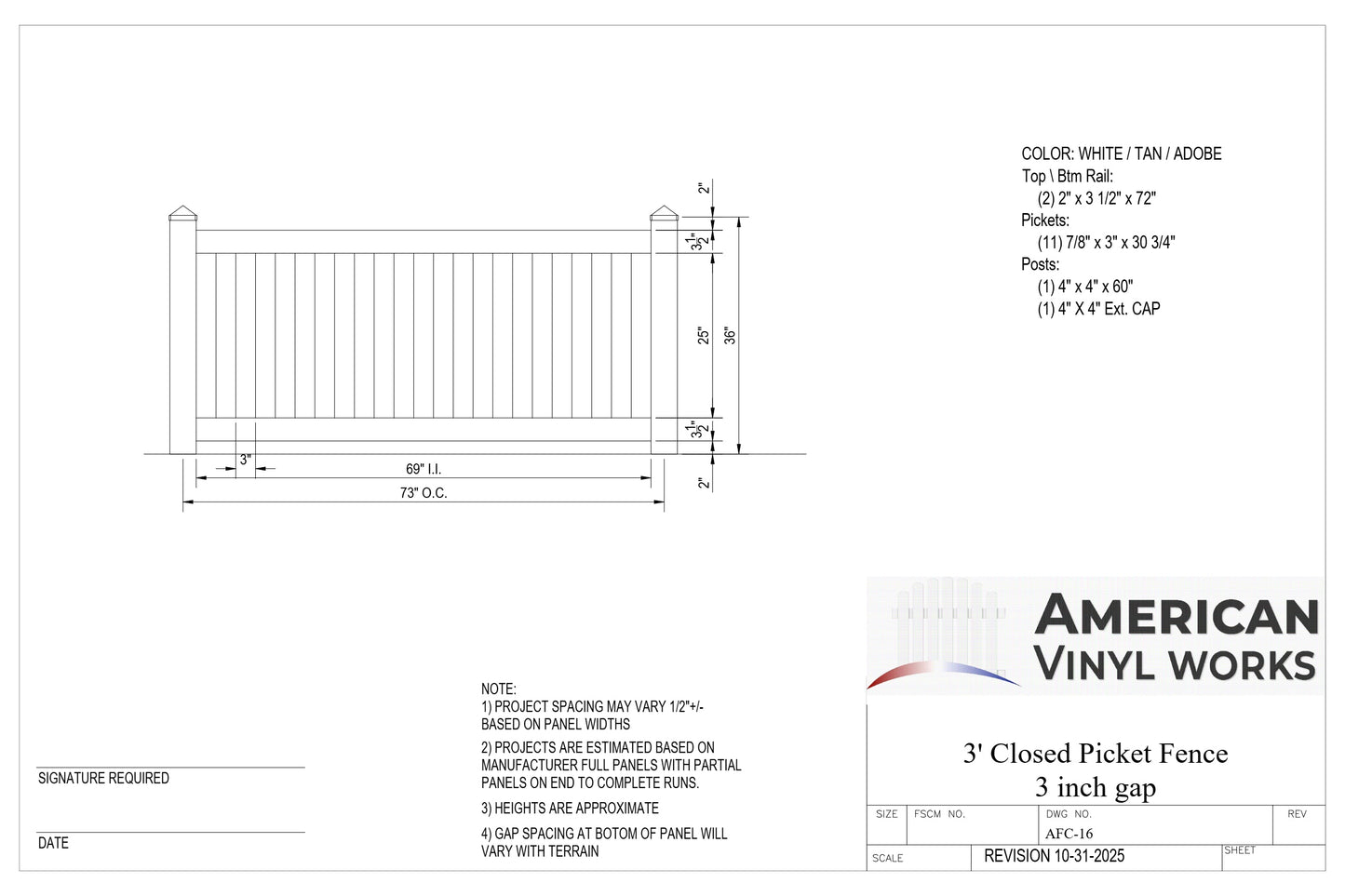 3' Tall x 6' Wide Closed Picket Fence Panel w/ 3" Gap For Vinyl Fences (AFC-16)