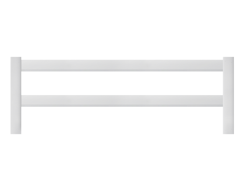 A three-foot two-ranch white vinyl ranch rail fence panel sold by American Vinyl Works, used for agriculture, containing cattle, and marking perimeters.
