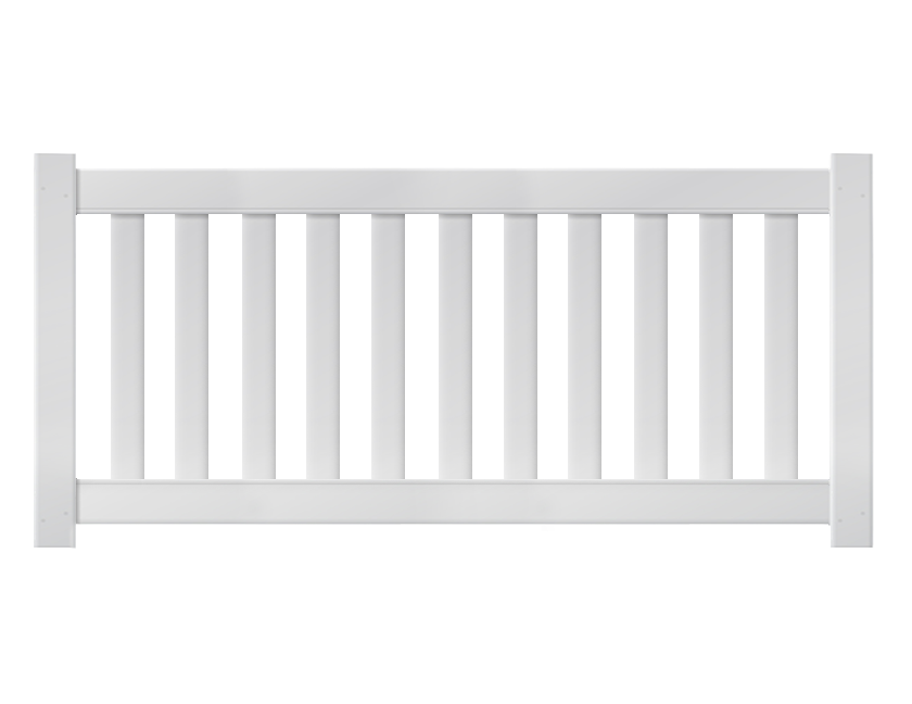 A white closed picket vinyl fence panel.