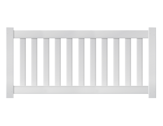 A white closed picket vinyl fence panel.