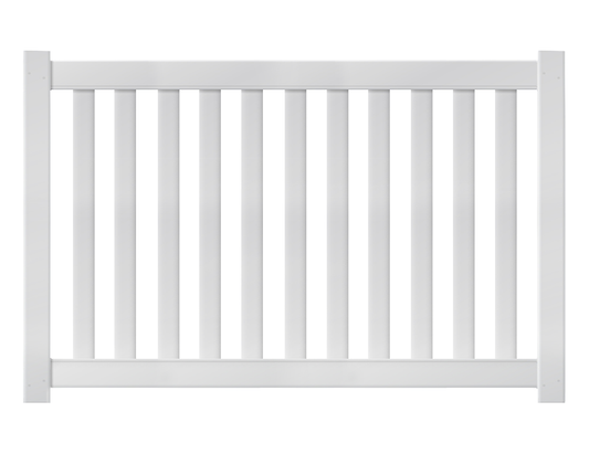 A white 4-foot by 6-foot closed picket vinyl fence panel.