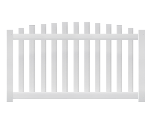 A white 4-foot by 6-foot overscallop vinyl fence panel.