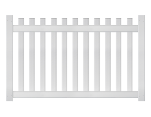 A 4-foot by 6-foot white vinyl closed picket fence panel with evenly spaced pickets with a flat top rail.