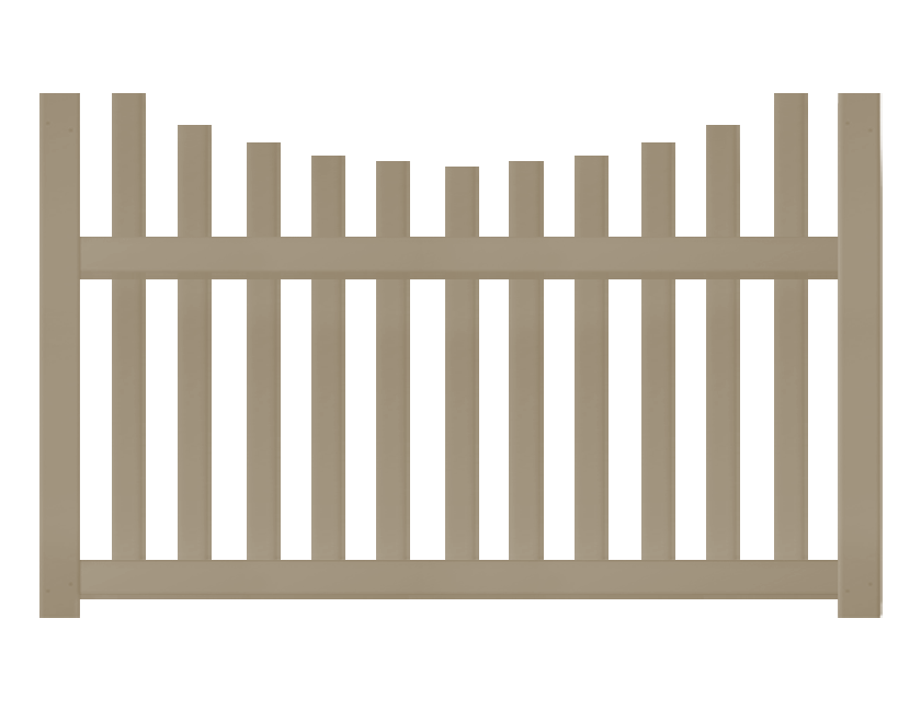 A 4-foot by 6-foot khaki-colored picket fence panel with an underscallop profile.
