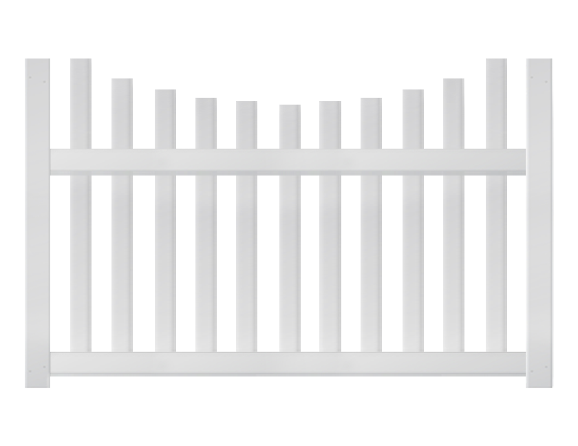 A white 4-foot by 6-foot underscallop PVC picket fence sold by American Vinyl Works.