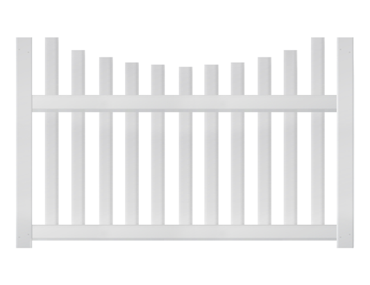 A four-foot-tall, six-foot-wide white underscallop vinyl fence panel.