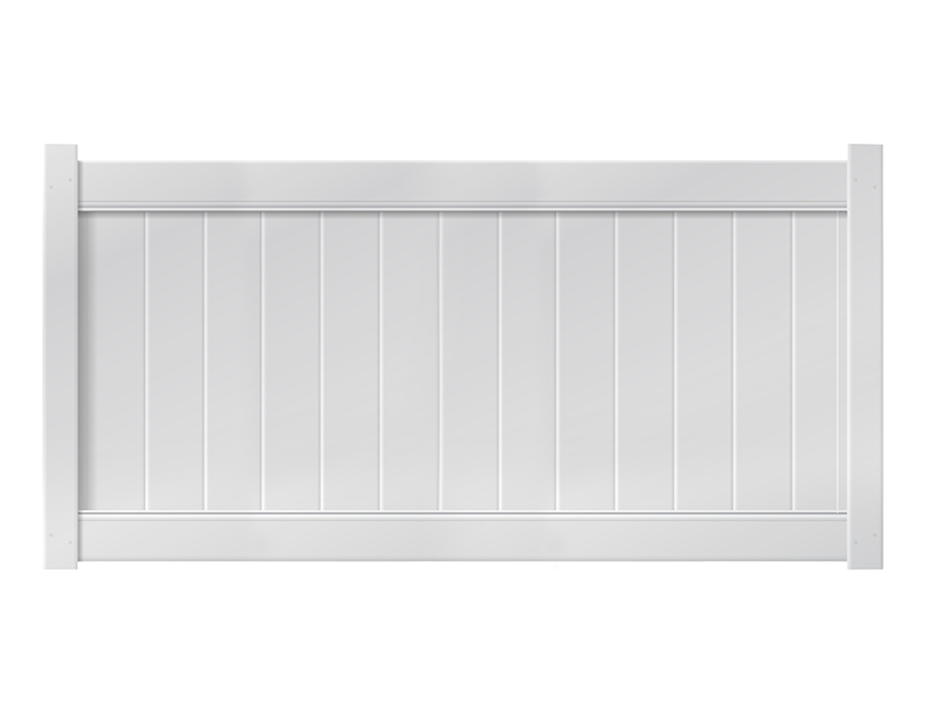 4-foot by 8-foot white privacy vinyl fence panel featuring a solid, gap-free design with smooth vertical boards and a reinforced top rail for enhanced durability and full privacy.