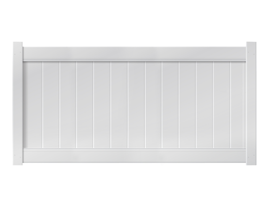 4-foot by 8-foot white privacy vinyl fence panel featuring a solid, gap-free design with smooth vertical boards and a reinforced top rail for enhanced durability and full privacy.