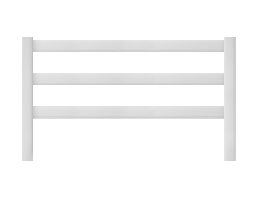 A white 5-foot, 3-rail ranch vinyl fence panel.