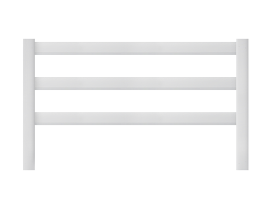 A white three-rail ranch rail fence panel.
