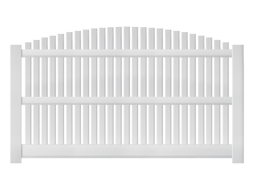 An overscallop white vinyl fence panel.