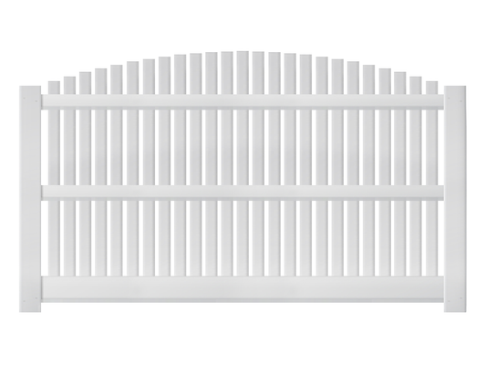 An overscallop white vinyl fence panel.
