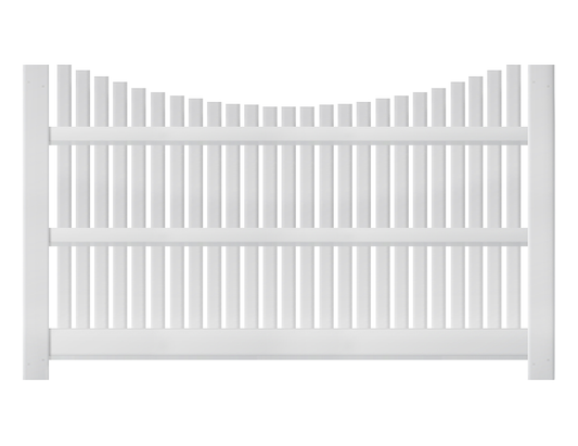 A 5-foot by 8-foot white vinyl fence with an underscallop profile.