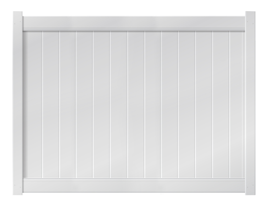 A 5-foot by 8-foot white privacy vinyl fence panel.