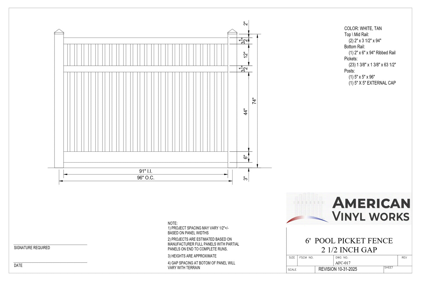 6' Tall x 8' Wide Pool Closed Picket Fence Panel For Vinyl Fences (AFC-017)