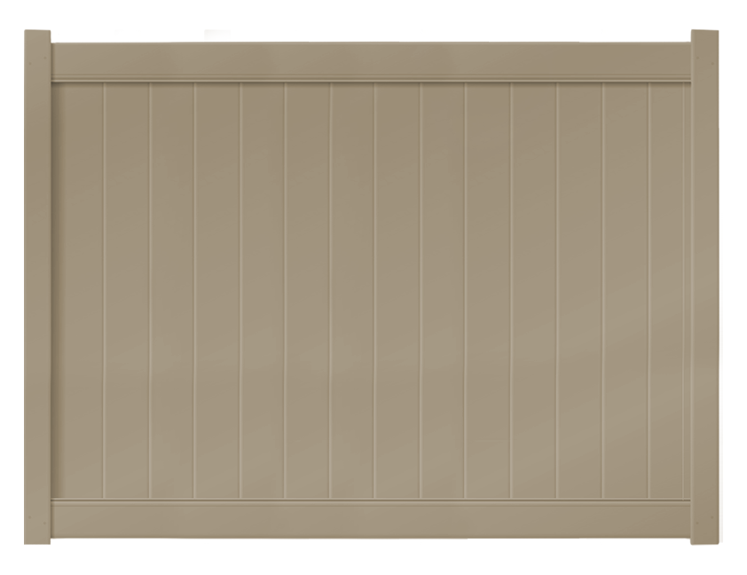 A 6-foot by 8-foot khaki privacy vinyl fence panel, featuring a smooth, solid design.