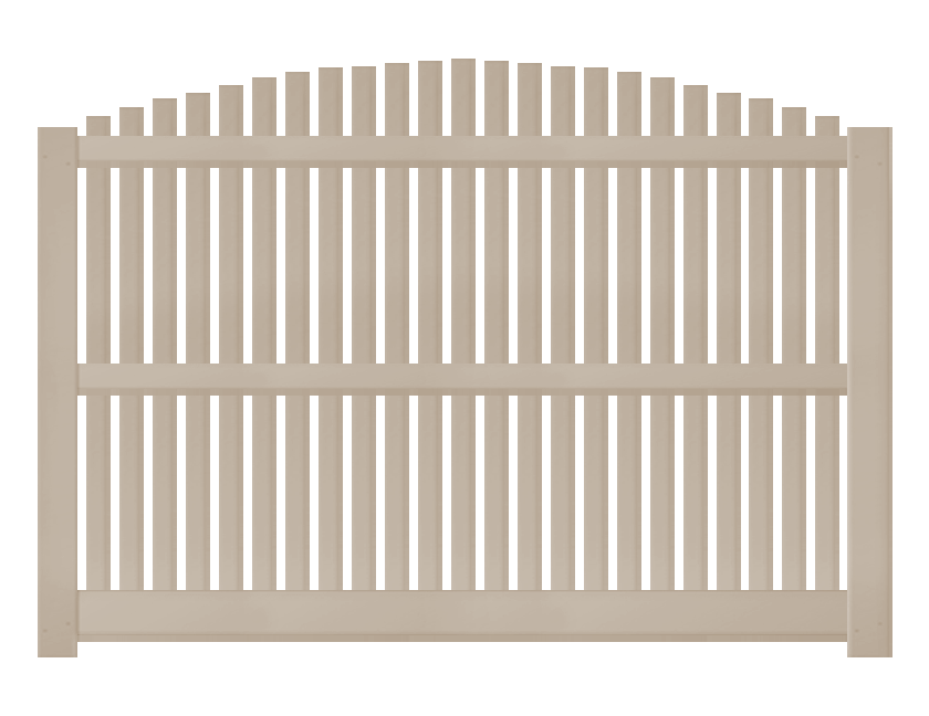 A sandstone-colored 6-foot by 8-foot overscallop picket fence panel sold by American Vinyl Works.