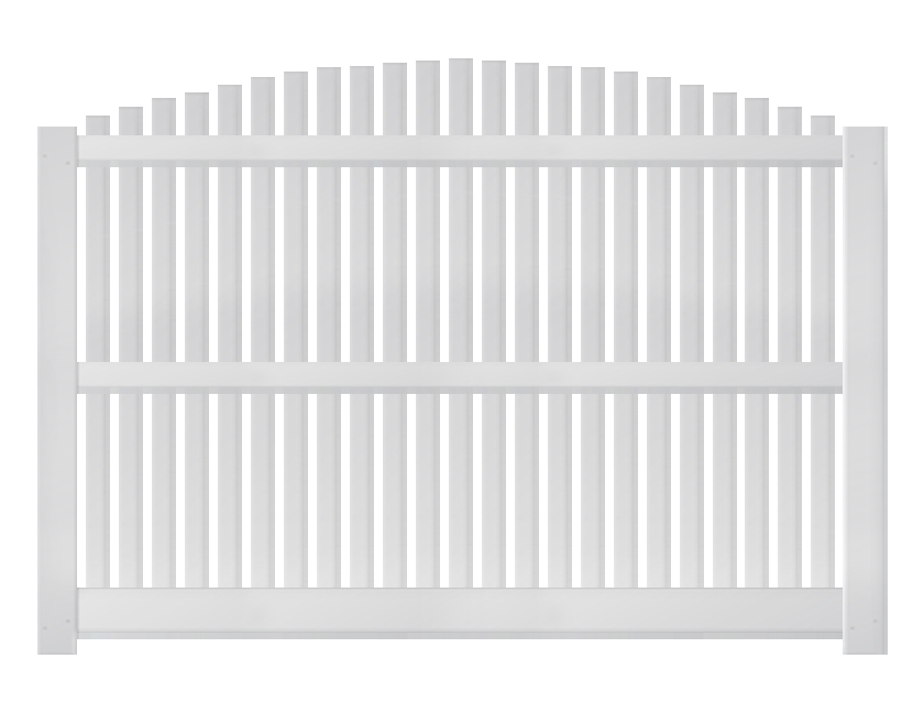 A white 6-foot by 8-foot overscallop picket fence panel.
