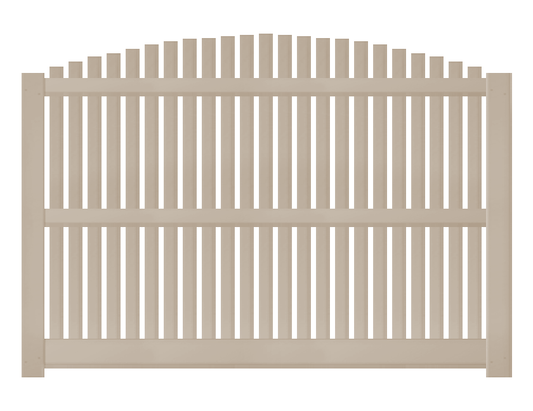 A product photo of American Vinyl Works's 6-foot by 8-foot overscallop vinyl fence panel. Sandstone color.