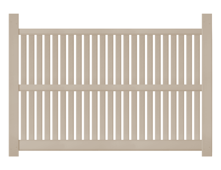 A 6-foot by 8-foot sandstone-colored vinyl fence panel with closed pickets.