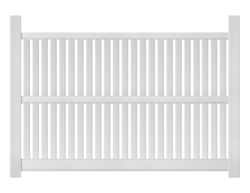 A 6-foot by 8-foot white vinyl fence panel with closed pickets.
