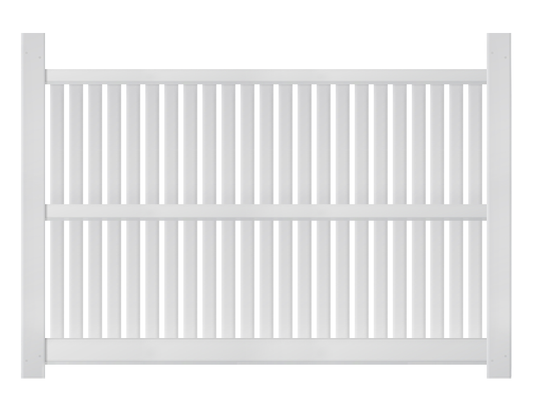 A 6-foot by 8-foot white vinyl fence panel with closed pickets.