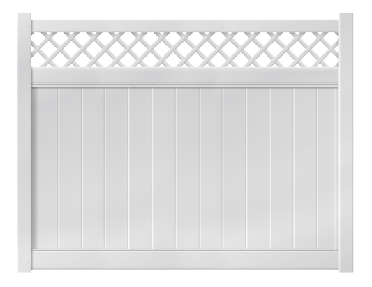 A 6' x 8' white vinyl fence with lattice accent.