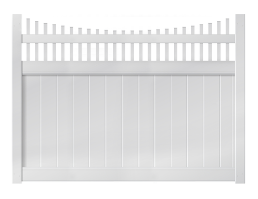 A 6-foot x 8-foot white vinyl fence panel with an underscallop accented profile.