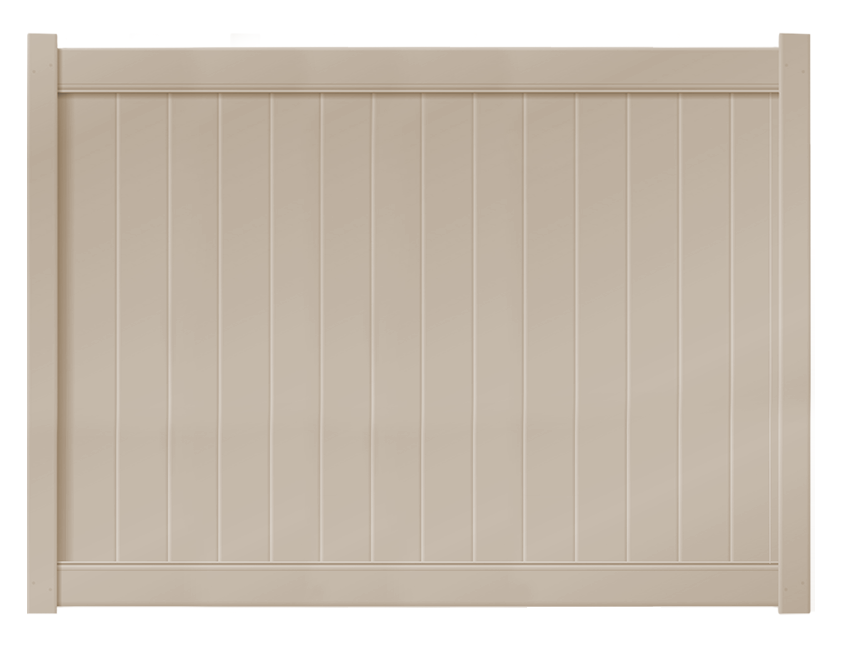 Sandstone vinyl privacy fence panel with solid, smooth vertical boards and a clean, modern finish.