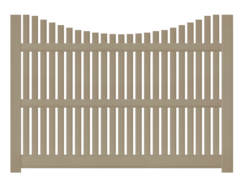 American Vinyl Works's khaki-colored 6-foot by 8-foot vinyl fence panel with an underscallop picket profile.