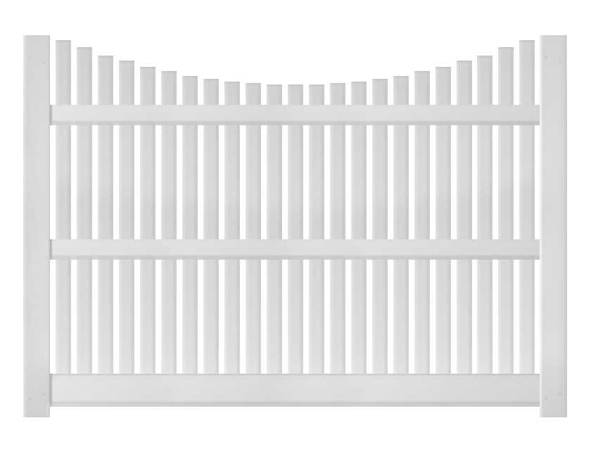 A 6-foot x 8-foot white underscallop vinyl fence panel for a semi-privace setting.