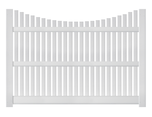 A 6-foot x 8-foot white underscallop vinyl fence panel for a semi-privace setting.