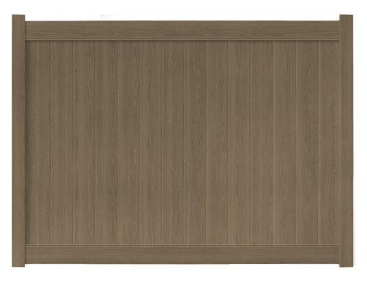 A 6-foot by 8-foot weathered cedar-colored vinyl fence panel.
