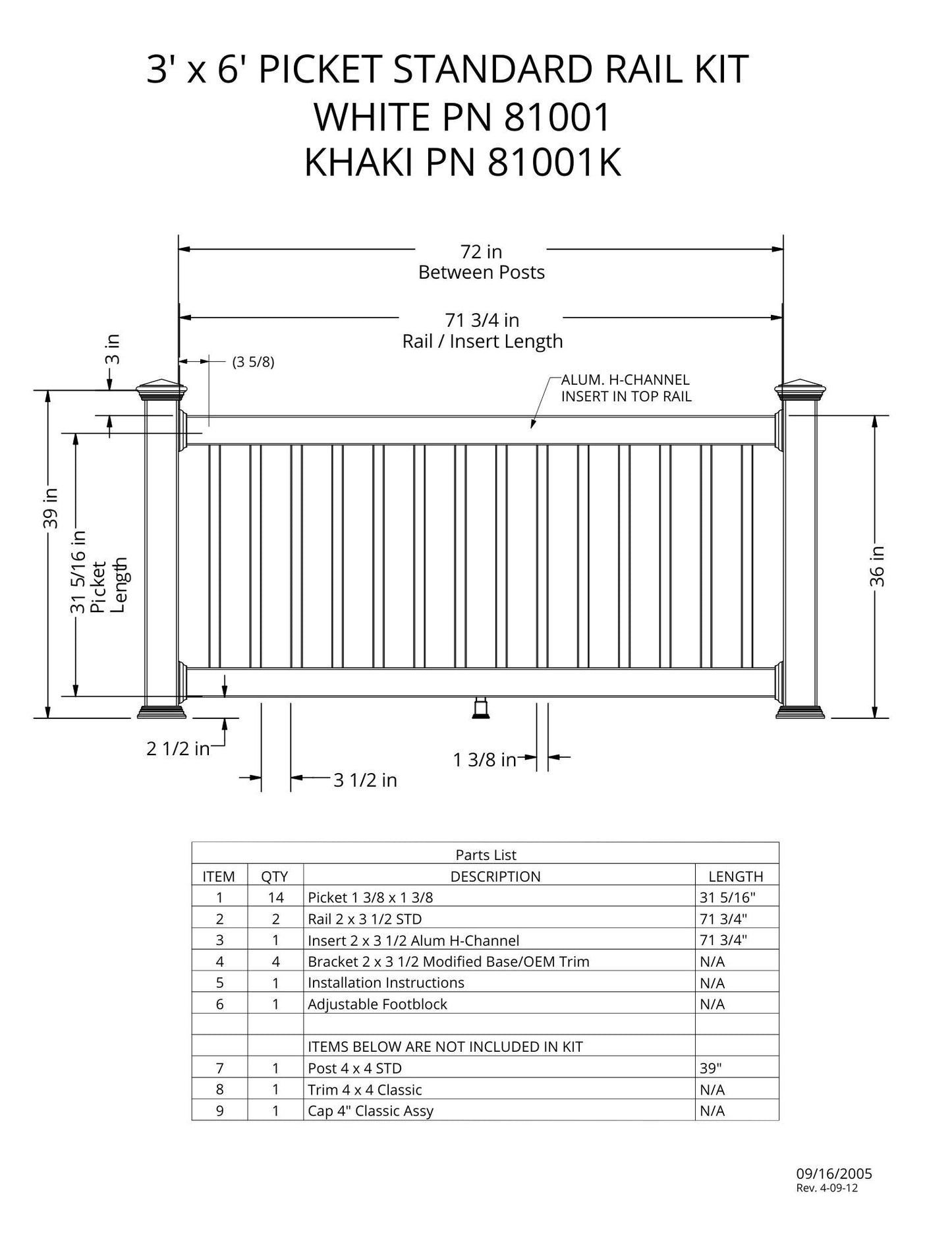3' Tall x 6' Length - Picket Standard Rail Kit