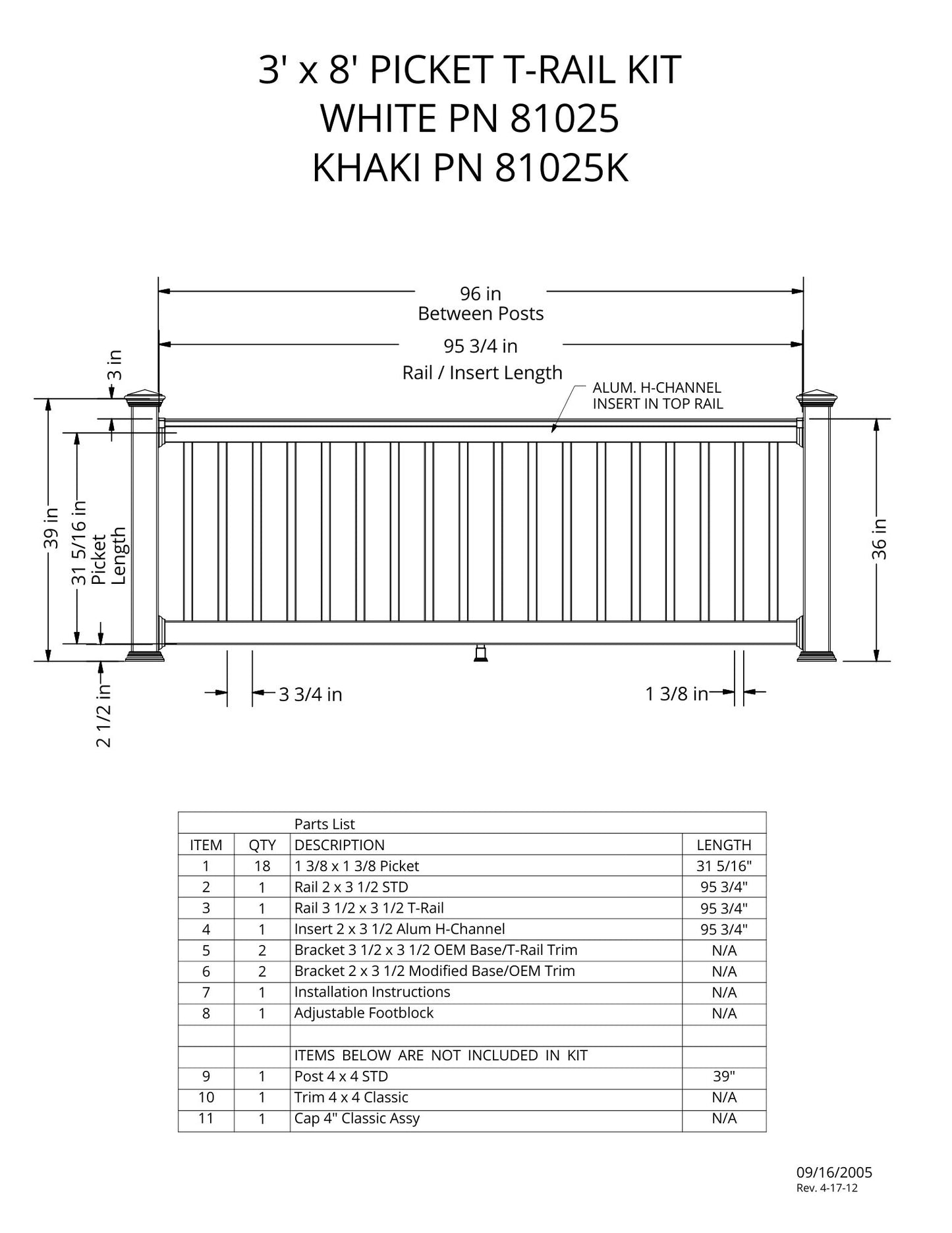 3' Tall x 8' Length - Picket T-Rail Kit