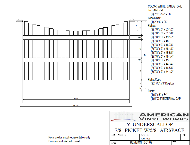 5' Tall x 8' Wide Underscallop Fence Panel with 5/8" Air Space For Vinyl Fences