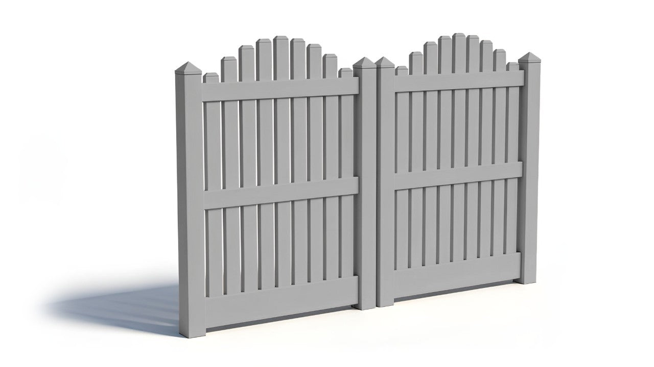 Two vinyl fence panels with pickets arranged in an overscallop formation.