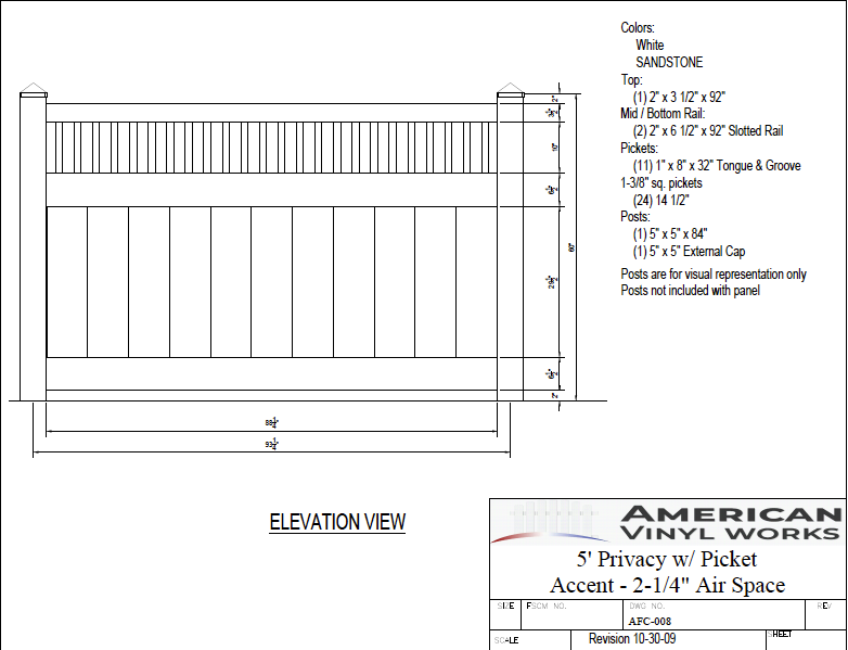 5' Tall x 8' Wide Privacy Fence with Picket Accent with 2-1/4" Air Space For Vinyl Fences