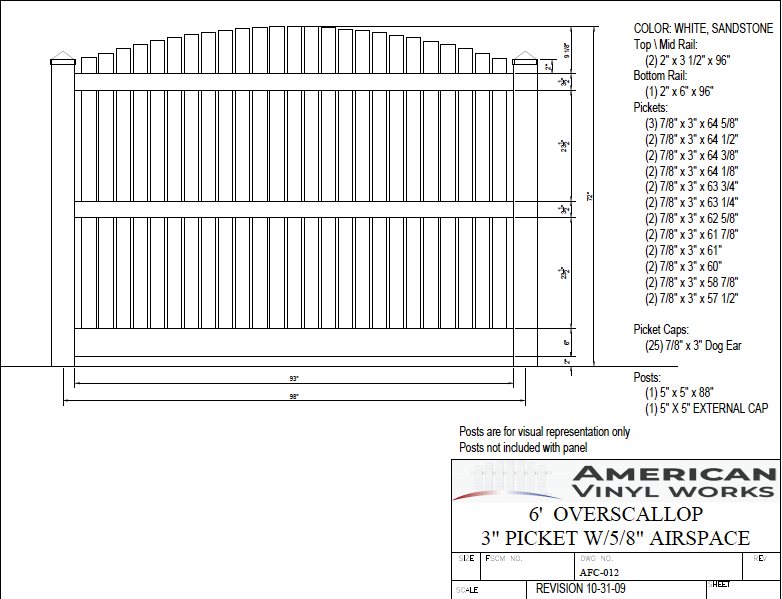6' Tall x 8' Wide Overscallop Vinyl Fence Panel with 1" Air Space