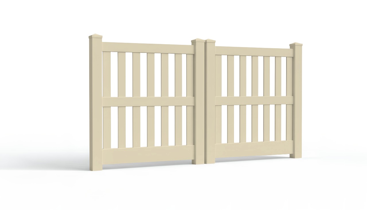 Twin tan-colored closed picket vinyl fence panels.
