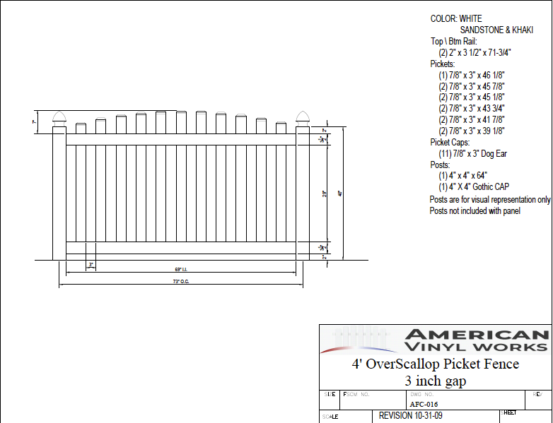4' Tall x 6' Wide Overscallop Picket Fence Panel with 3" Air Space For Vinyl Fences