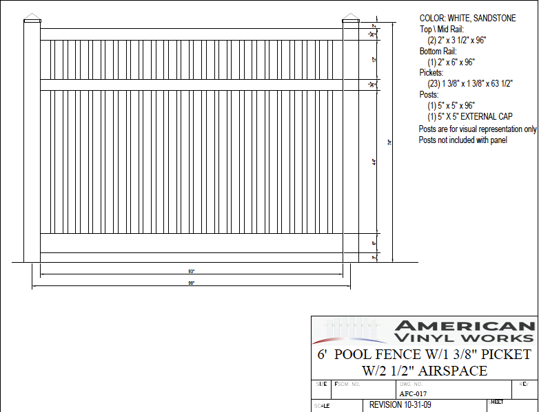 6' Tall x 8' Wide Pool Closed Picket Fence with 2-1/2" Air Space For Vinyl Fences