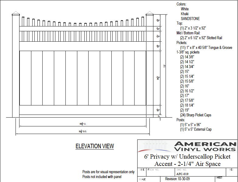 6' Tall x 8' Wide Privacy Fence with Underscallop Picket Accent For Vinyl Fences