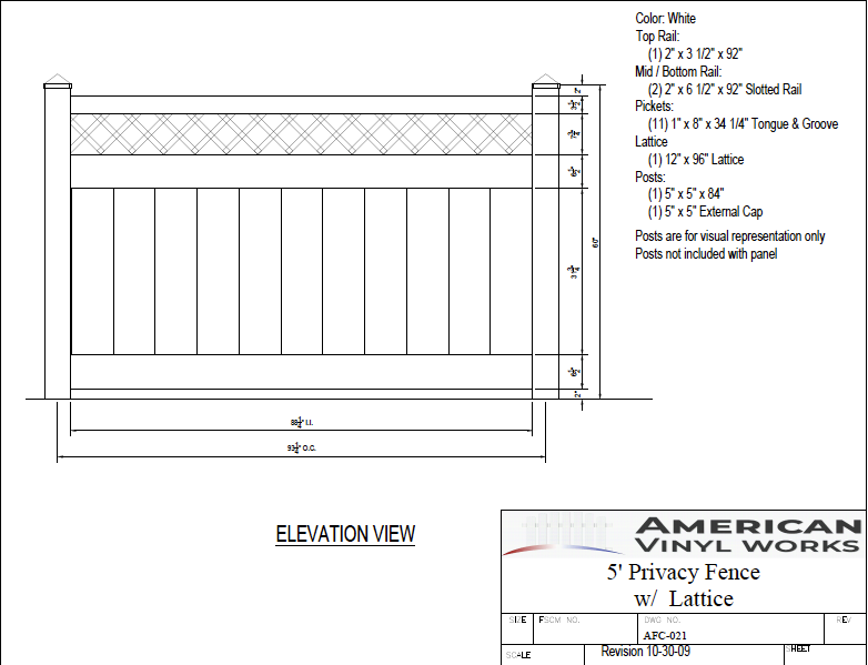 5' Tall x 8' Wide Privacy Fence Panel with Lattice Accent For Vinyl Fences