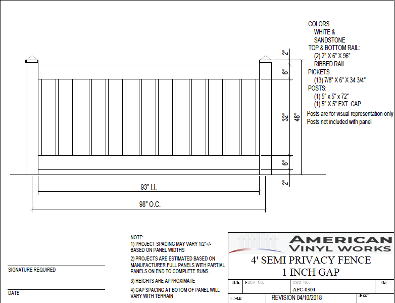4' Tall x 8' Wide Semi-Privacy Vinyl Fence with 1" Air Space