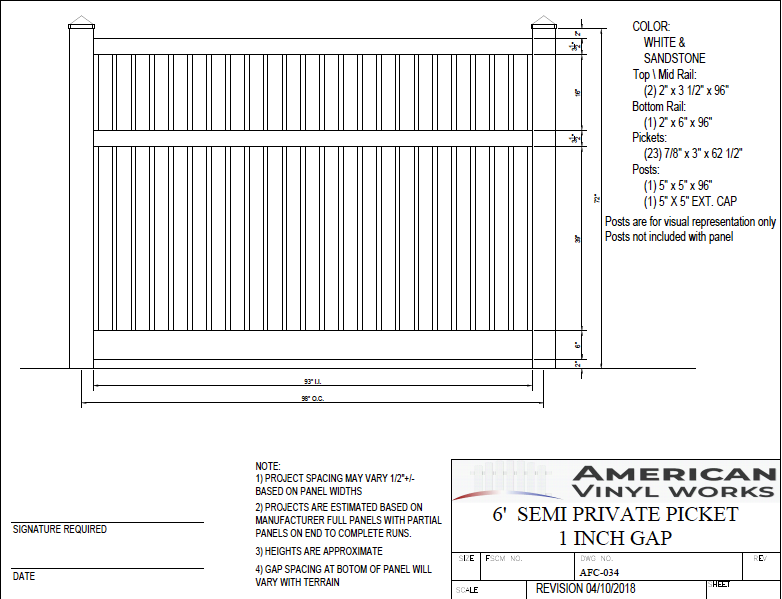 6' Tall x 8' Wide Semi Private Fence Panel with 3 Rails For Vinyl Fences