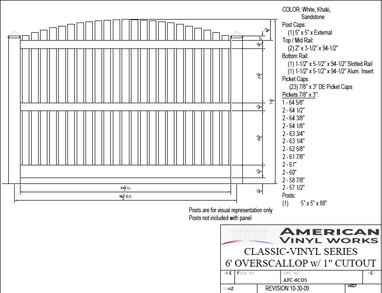 6' Tall x 8' Wide Overscallop Picket Fence with 1" Air Space For Vinyl Fences