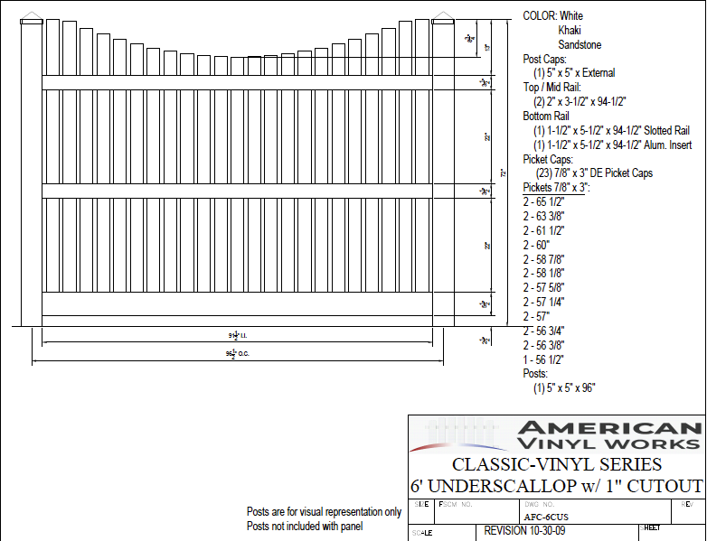 6' Tall x 8' Wide Underscallop Picket Fence with 1" Air Space For Vinyl Fences