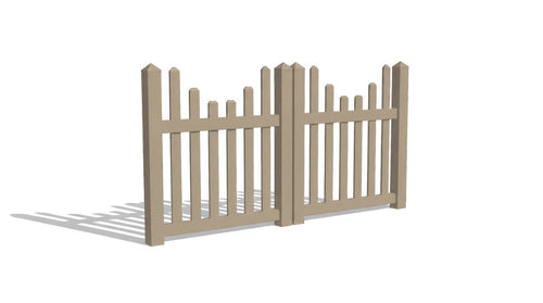 4' Tall x 8' Wide Double Drive Swing Vinyl Gate For Underscallop Vinyl Picket Fences (AFC-97) - Adobe