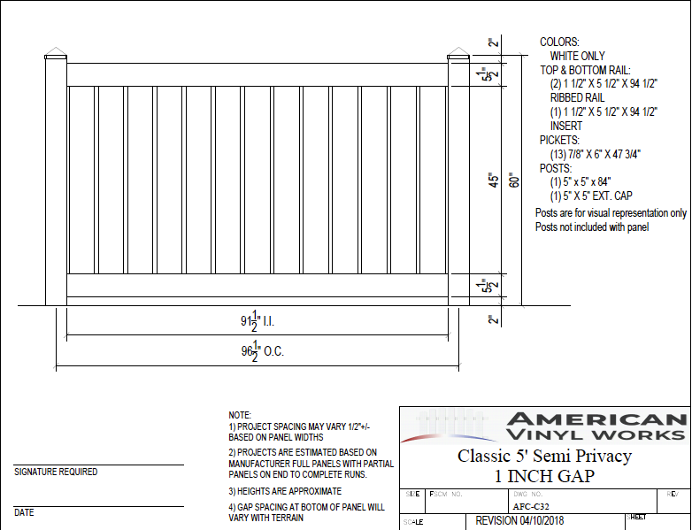 5' Tall x 8' Wide Semi Privacy Vinyl Fence